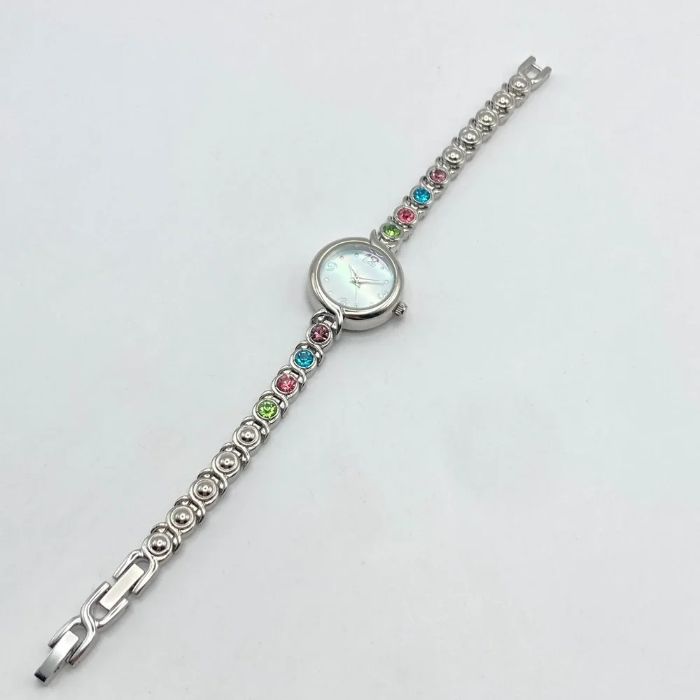 Modern Womens Watch 22mm Silver Tone Rainbow Crystals MOP Dial New Battery 6.75
